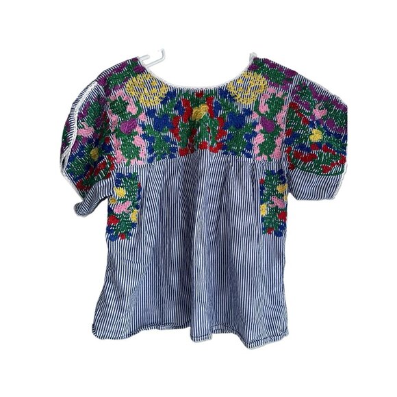 Buddy Love Womens Embroidered Peasant Blouse Sz M Blue White Stripe Floral Boho - Picture 2 of 5